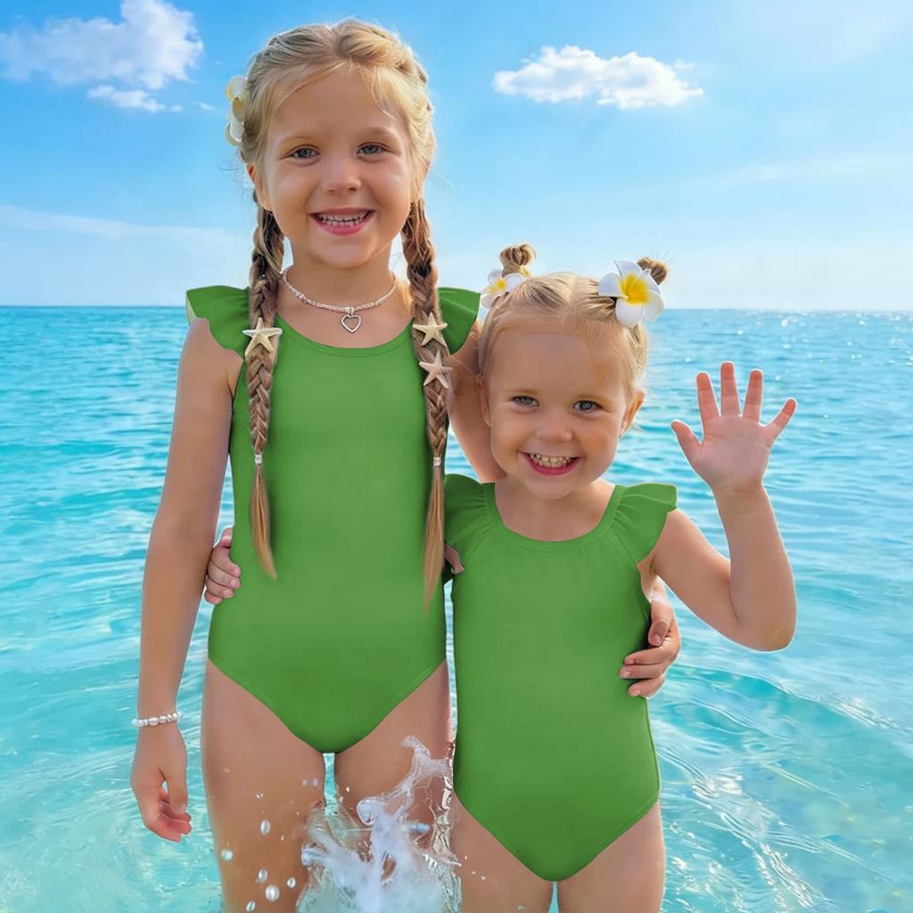 Costume da bagno intero per bambina Estate Colore Unico Costumi da bagno Bambini Senza Maniche Spalla con Volant Costume da bagno Abbigliamento da spiaggia per bambini
