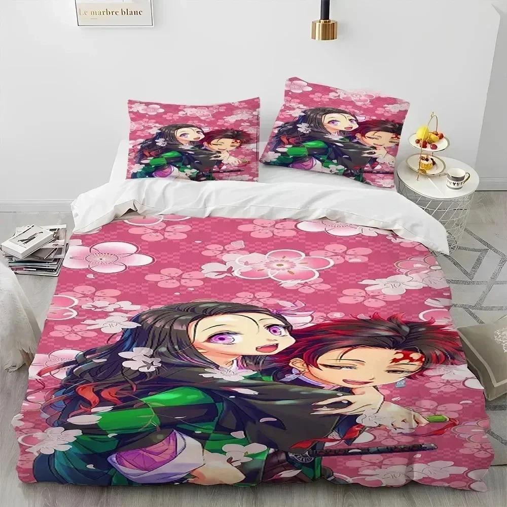 Conjunto de Roupa de Cama Dupla Infantil com Capa de Edredom e Fronhas do Anime Demon Slayer - Venda Quente 3D - Decoração de Quarto de Casa - Presente para Meninos Meninas