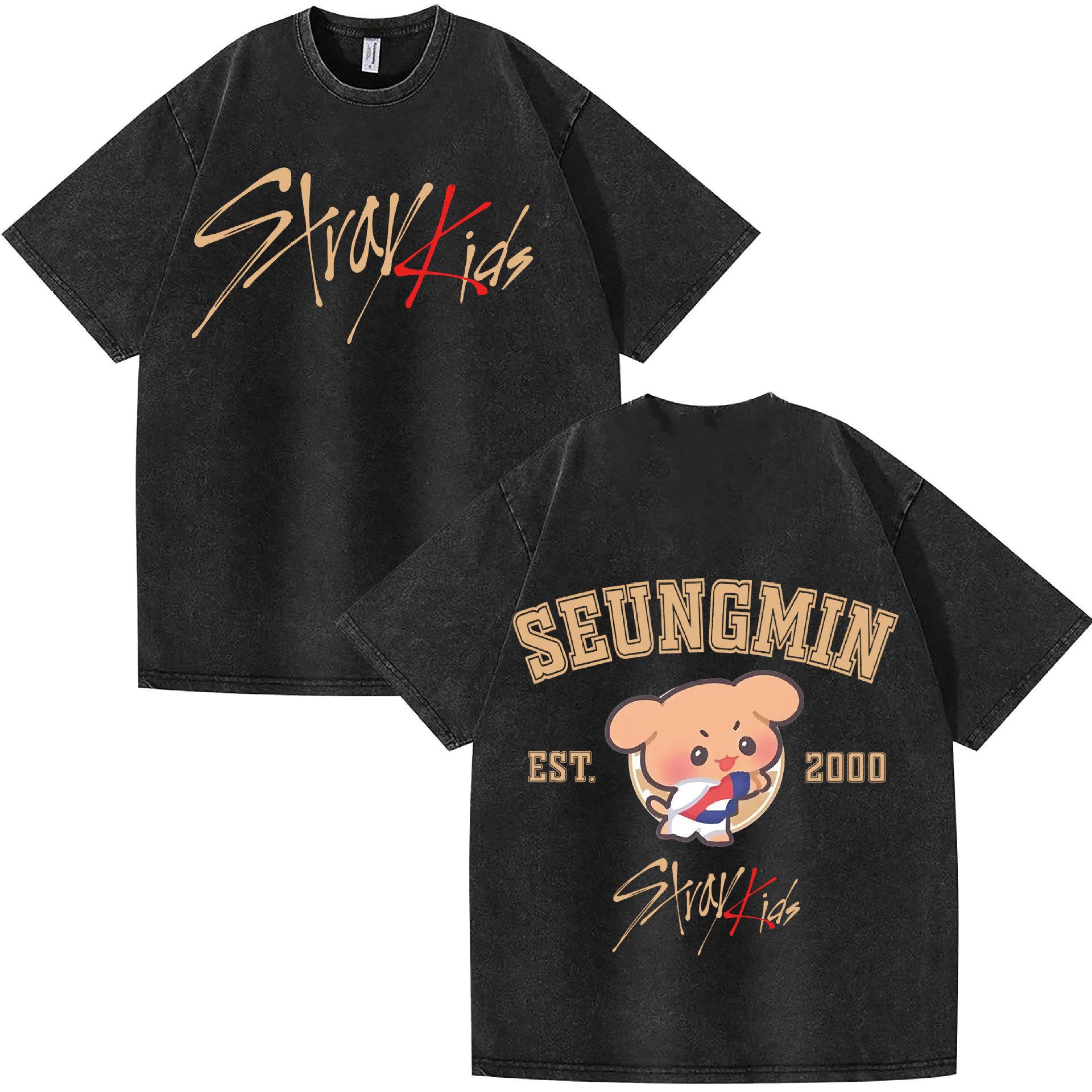 Washed Q Version Stray Kids Combination Peripheral Printing Summer Short-Sleeved T-Shirt Pure Cotton Loose S