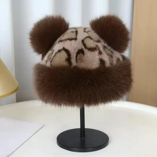 Winter Hat Retro Style Leopard Print Plush Trim Windproof Hat Bear Ear Decor Thickened Warm Women Hat