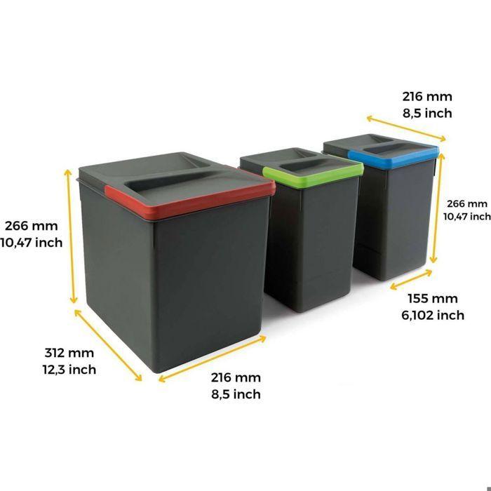 Emuca - Poubelles Pour Tiroir De Cuisine Recycle, Hauteur 266, 1x15L + 2x7L, Plastique Gris Antracite, Plastique -