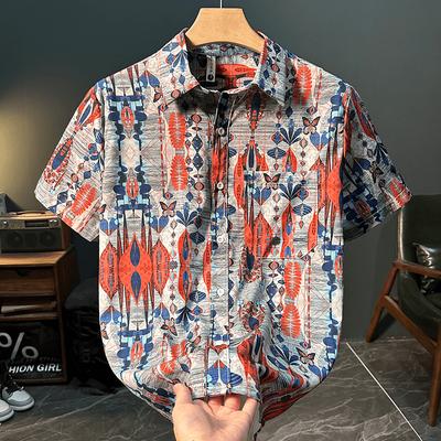 Camisa Masculina de Verão Fina Estampada Vintage para Praia Meia Manga Fashion Tendência