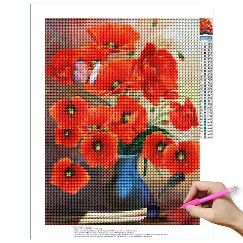 DIY Diamond Painting The Red Flowers Cross Stitch Kit Mosaic Art Diamond Painting Full Circle Diamond Home Decoration