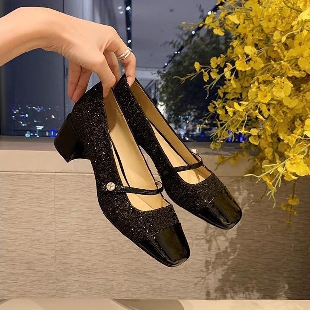 Sheepskin Version~ Grape Mother, the Same Style, Sparkling Sequins, Small Fragrant Style Square Head, One Word with Thick Heel, Mary Jane Shoes, Wome