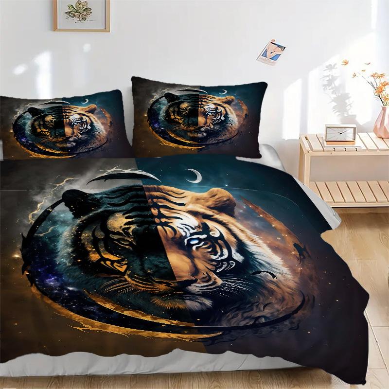 3pcs Twilight Tiger Quilt Set Cartoon Themed Bed Quilt Set Lovely Character Bedroom Decor Bed Quilt Set Four Seasons (1 Cover + 2Pillowcase NO Co