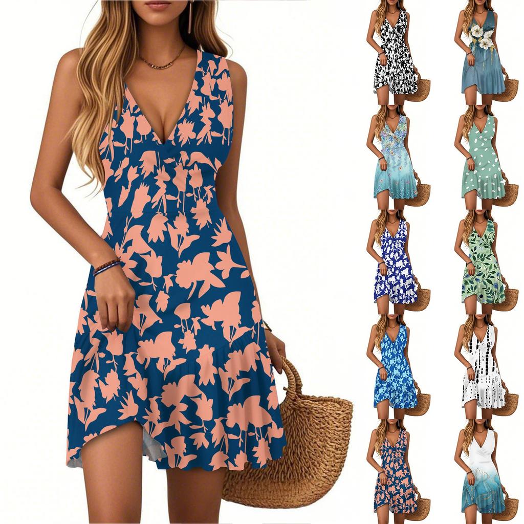 Women's Summer Dress V Neck Sleeveless Casual Classical Floral Leaf Print Hem Pleated Dress