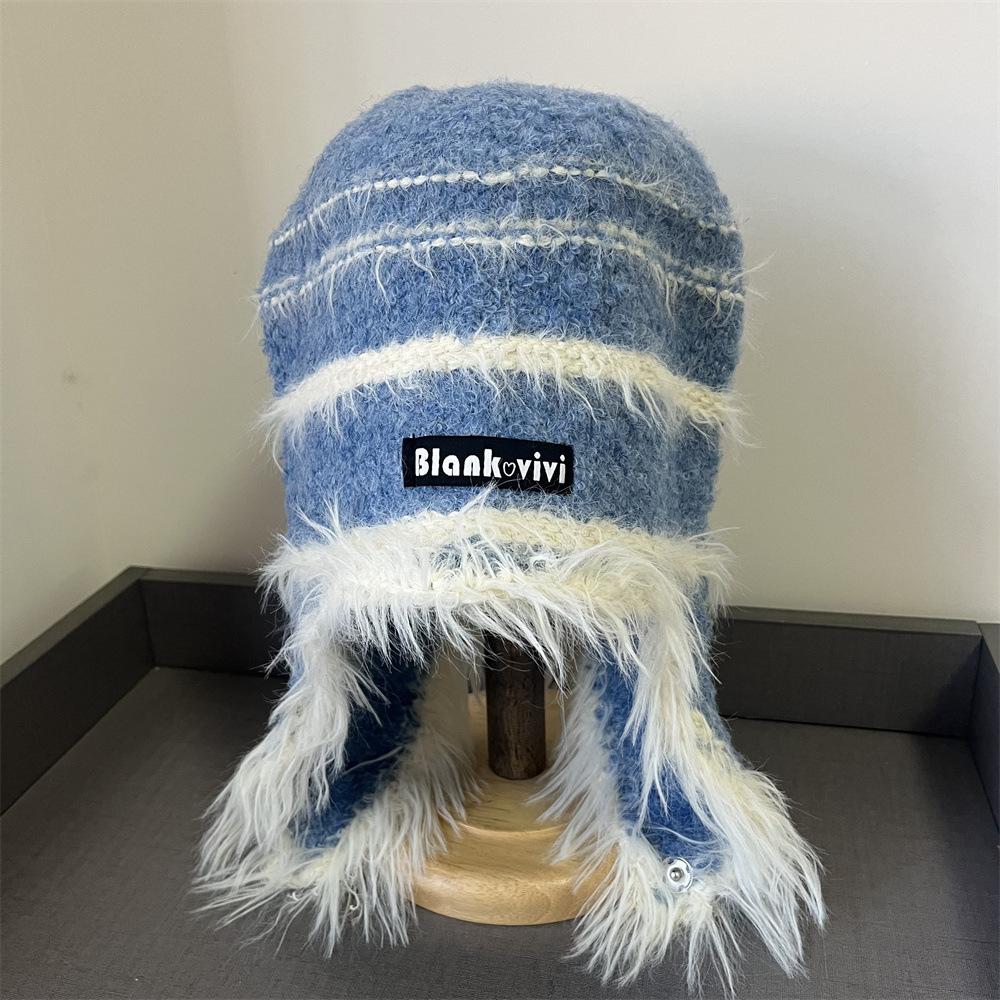 Contrast Color Neck Plush Hat Women's Autumn and Winter Warm Ear Protection Knitted Hat Big Head Circumference Fashionable and Cute Headgear