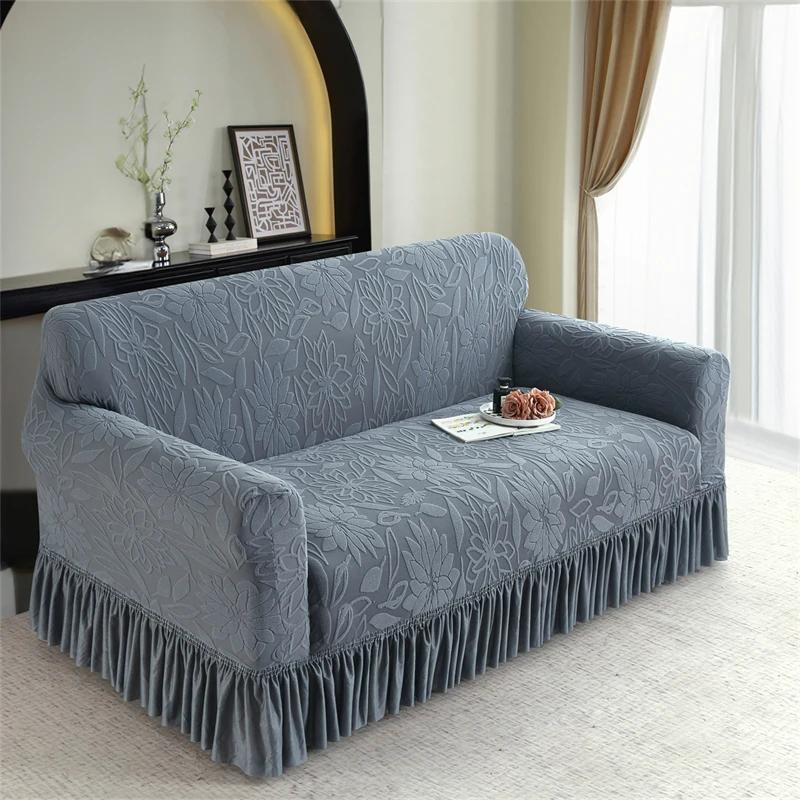 Jacquard Uni-Farben Sofabezug mit Volant Rutschfest Stretch Couchbezug für Schlafzimmer Büro Wohnzimmer Heimdeko