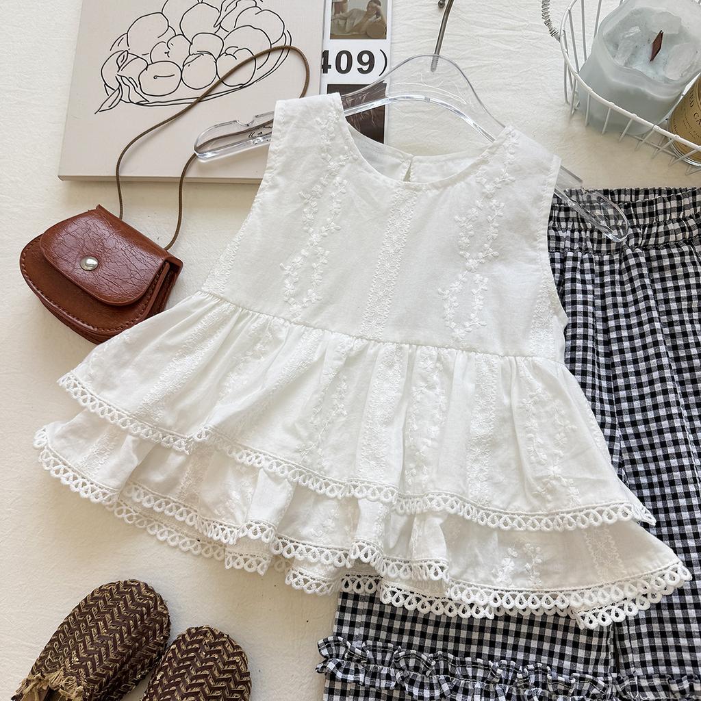 Summer Girls Embroidered Floral Vest And Plaid Ruffle Wide Leg Pants Two Piece Set