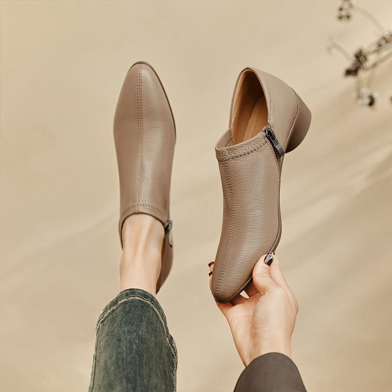 Fashion 2025 Spring New Women Pumps Retro Women Shoes Genuine Leather Slip-on Ladies Shoes Thick Heels Round Toe Causal Dress Shoes