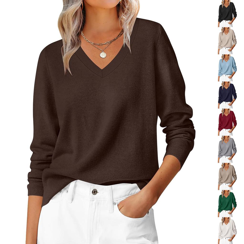 Women's Casual V-Neck Sweater Base Layer Knitted Long Sleeve Solid Color Top