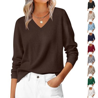 Women's Casual V-Neck Sweater Base Layer Knitted Long Sleeve Color Top