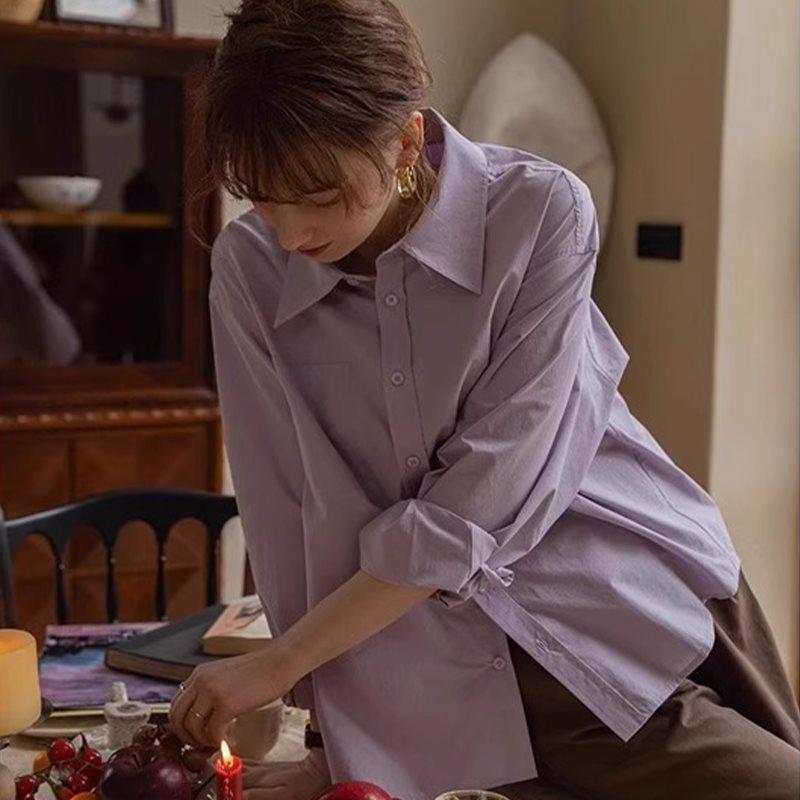 Women's Autumn 2025 French Blue Layered Petite Long Sleeve Shirt - Professional Loose Fit for Commuting