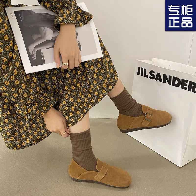 Frosted shoes spring new flat-soled retro single shoes one-pedal round head shoes women