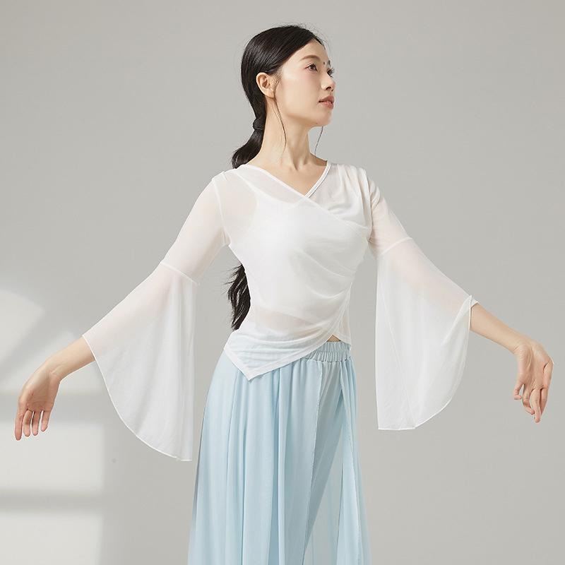 Classical Dance Mesh Women Flared Sleeve Shirt Training Performance Competition Costume Flowy Chinese Folk Dancewear Hanfu