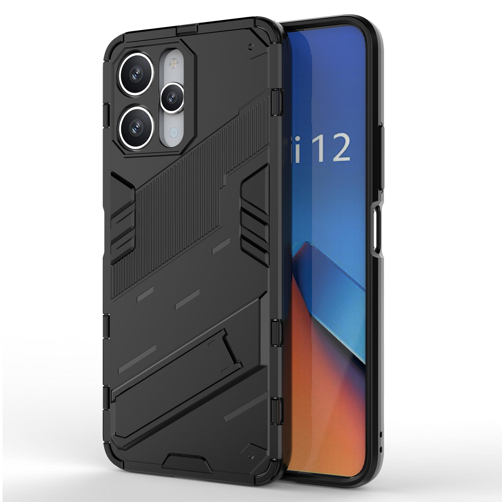 

For Xiaomi Redmi 12 4G/12 5G (Global)/Poco M6 Pro 5G Anti-drop Protective Phone Case Kickstand PC+TPU Phone Cover Black