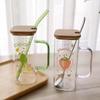 350ml Skala Quadratischer Glasbecher mit Deckel und Strohhalm Frühstücksmilchtasse Transparent Party Bier Kaffeebecher Trinkglas