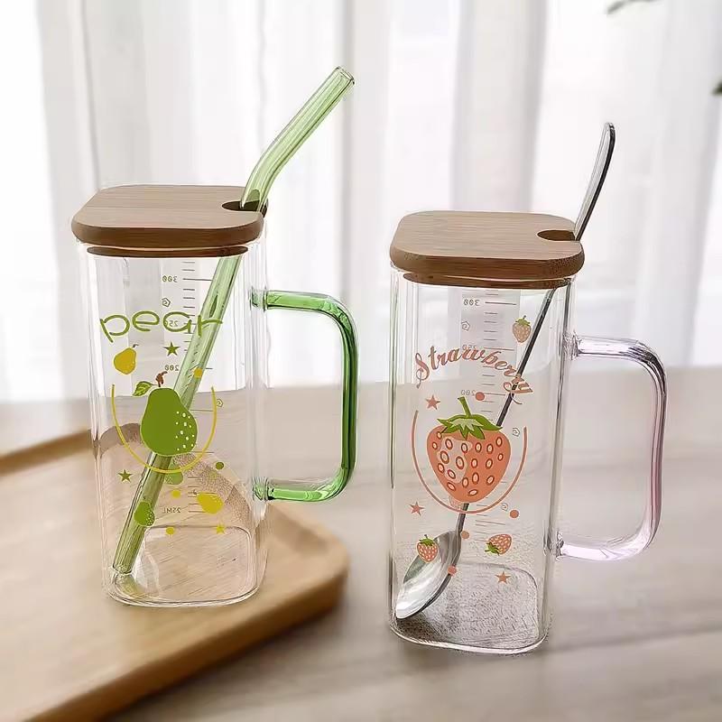 350ml Skala Quadratischer Glasbecher mit Deckel und Strohhalm Frühstücksmilchtasse Transparent Party Bier Kaffeebecher Trinkglas
