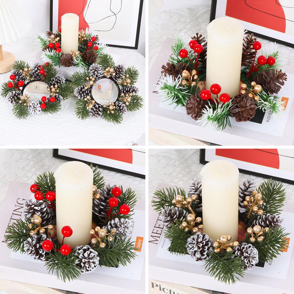 Christmas Candle Rings Wreaths Artificial Norfolk Pine Branches Red Berry Branch Candle Holder Rings Decoration for Centerpieces