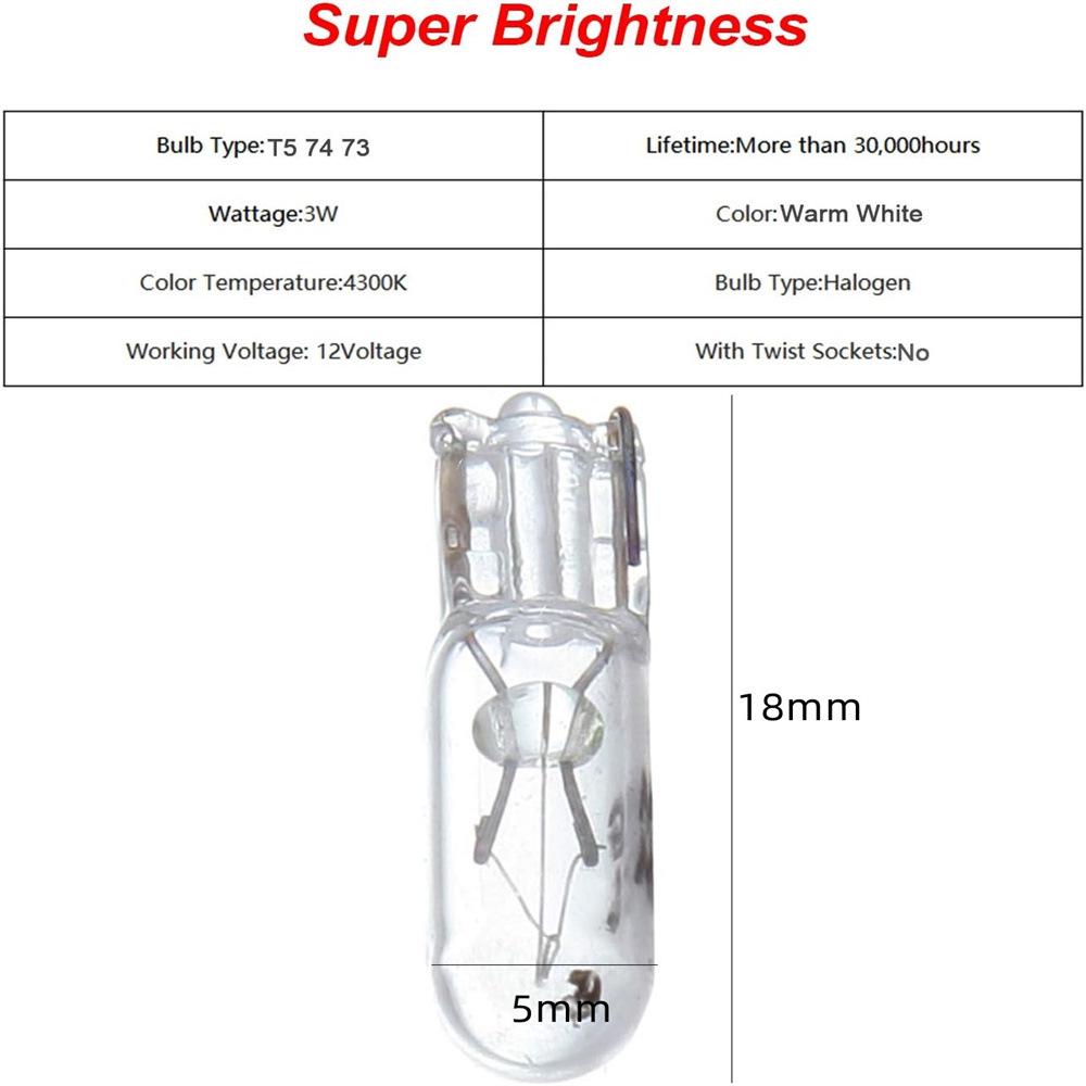 T5 2W 12V Halogen Bulb for Car: Instrument, Side, Reversing, Reading, Signal Lights