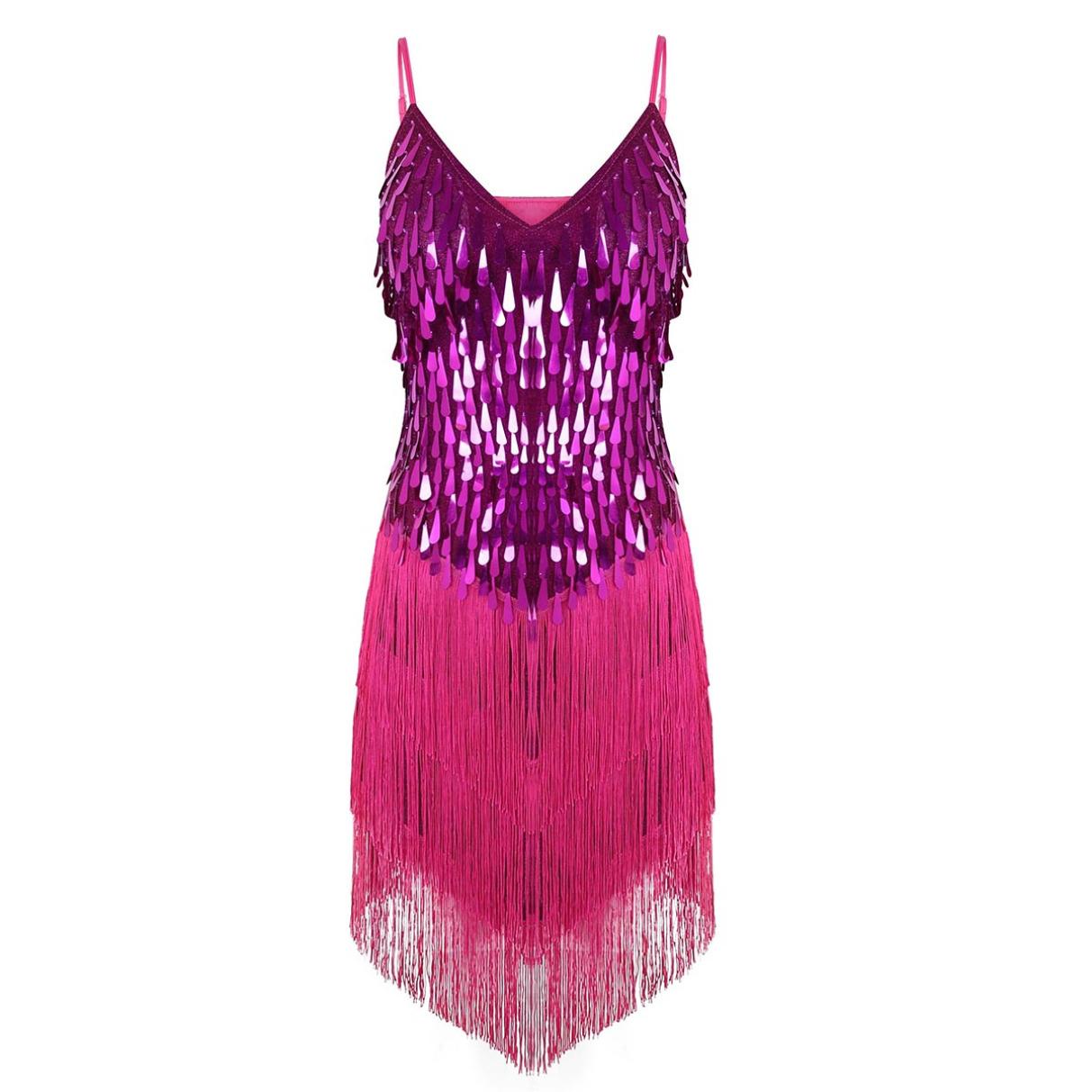

Жіноча сукня без рукавів з блискучими паєтками та бахромою для танцю самба танго для латиноамериканських танців, сценічні костюми One Size Яскраво-рожевий