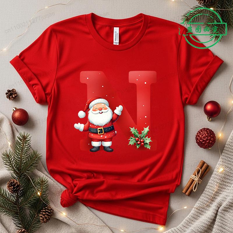 Christmas SantaAlphabet Letter Print T-shirt Short Sleeve Crew Neck Casual Top Kids Festive Holiday Women's Clothing Top