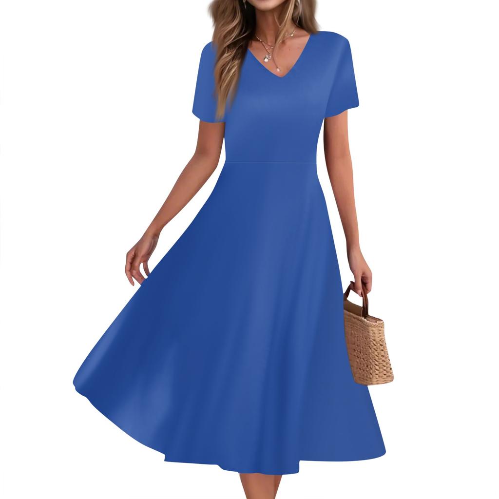 Dámské letní ležérní módní potištěné kapsy s krátkým rukávem V-výstřih volné šaty