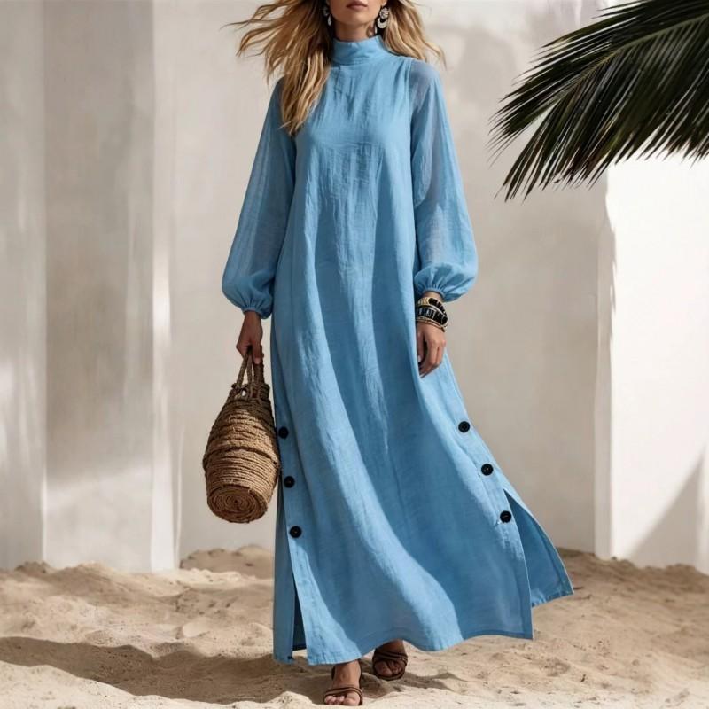 Half Turtleneck Long Dress Side Button Slit Loose Womens Fall Vacation