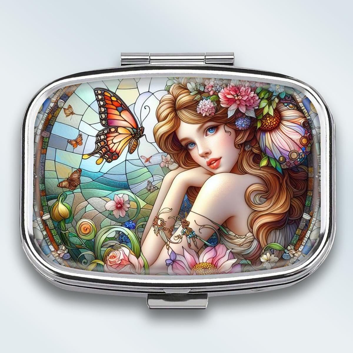 

Portable Pill Box with 2 Compartments, Mini Metal Medicine Organizer Case, Cute Printed Pill Container for Vitamins, Pills, Jewelry, Travel, Daily Use разноцветный