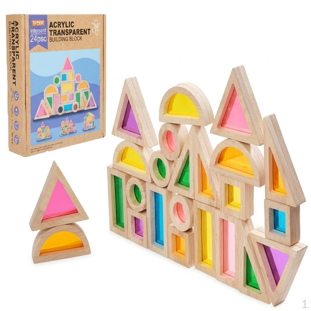 Wooden Acrylic Sensory Building Blocks Set for Kids, Educational Stacking Toy Early Learning and