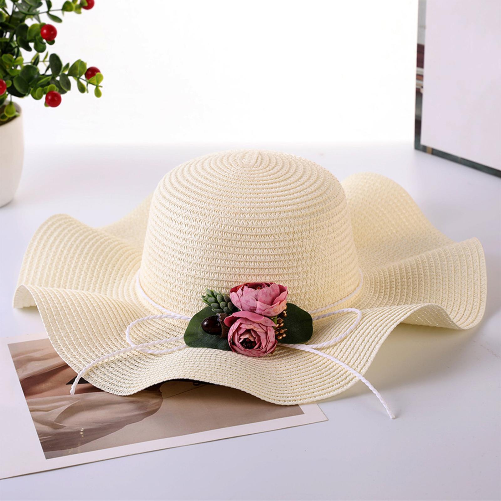 

Ladies Sun Hat Bow Flower Grass Hat Beach Hat One Size білий