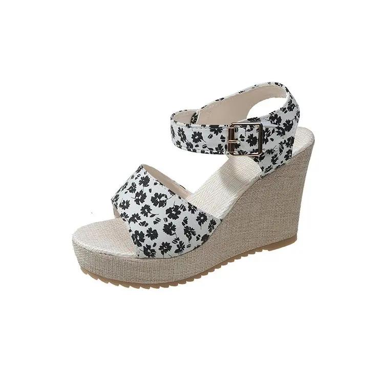 Women's Sandals Wedegs Thick Soled 10cm High Heels Ladies Casual Summer Shoe Female Peep Toe Flowers Beach Heeled Sandales Femme