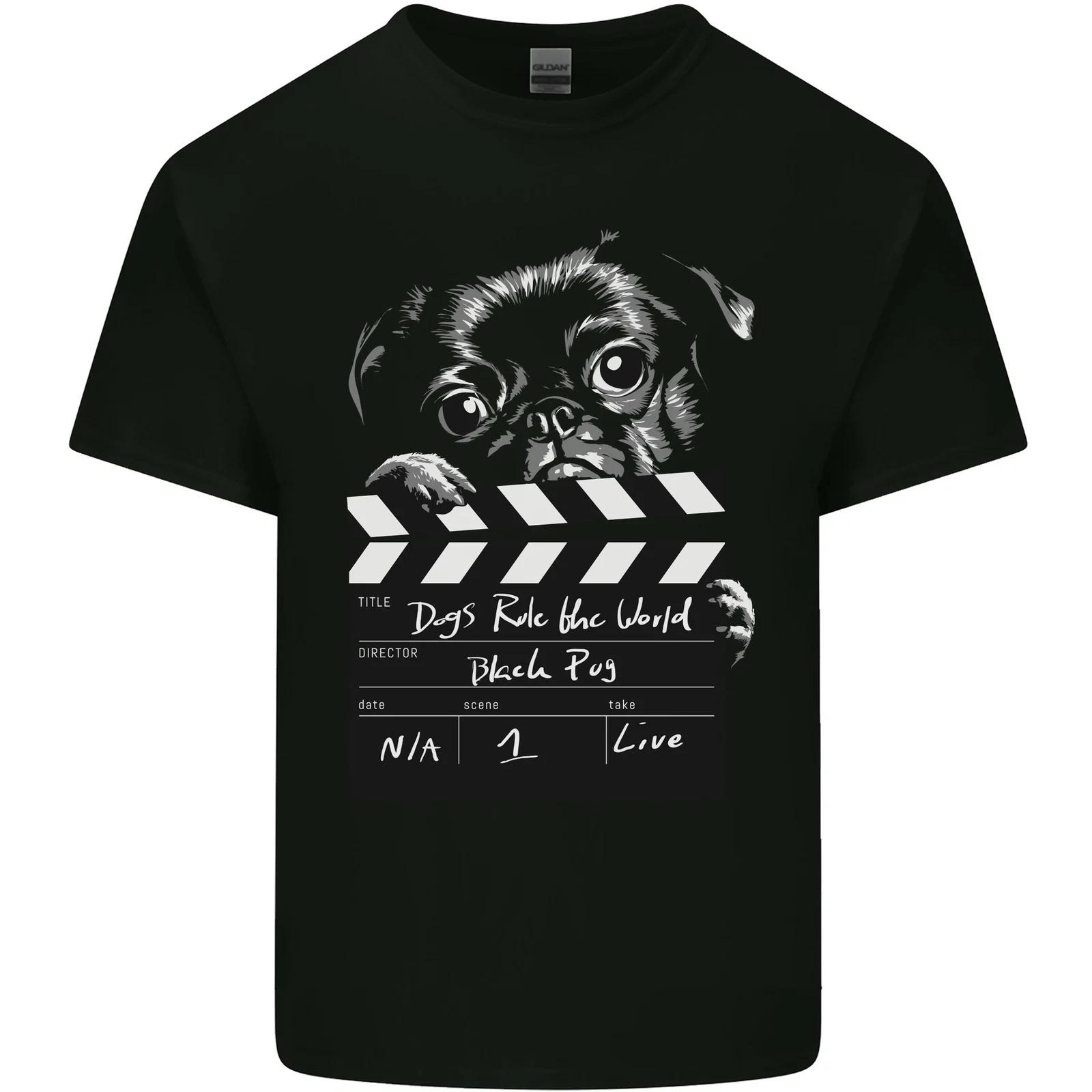 Dogs Rule the World Movie Black Pug Funny Kids T-Shirt Childrens L