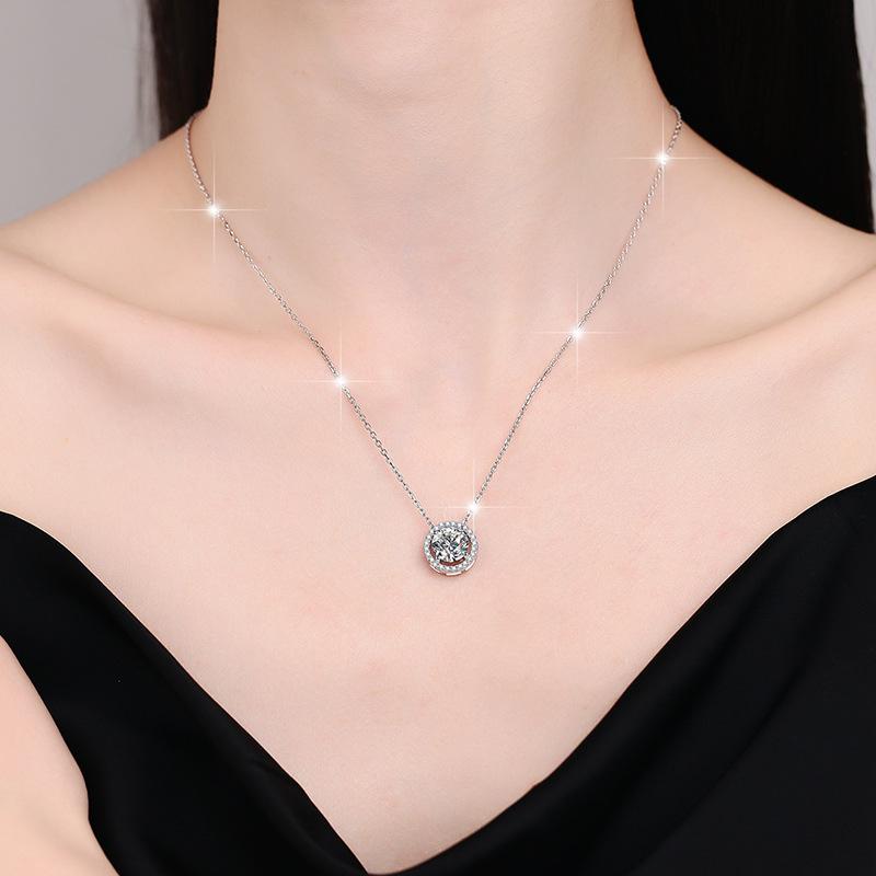S925 Sterling Silver Round Moissanite Pendant Necklace Fashion Minimalist Choker Hypoallergenic Anti Tarnish