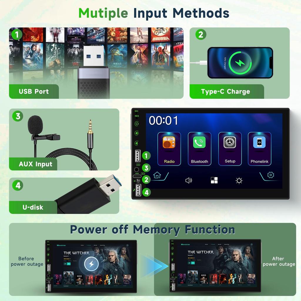 Hodozzy 1Din Car Stereo Wireless Carplay/Android Auto Support Wireless, 7 Inch Touch Screen 1Din