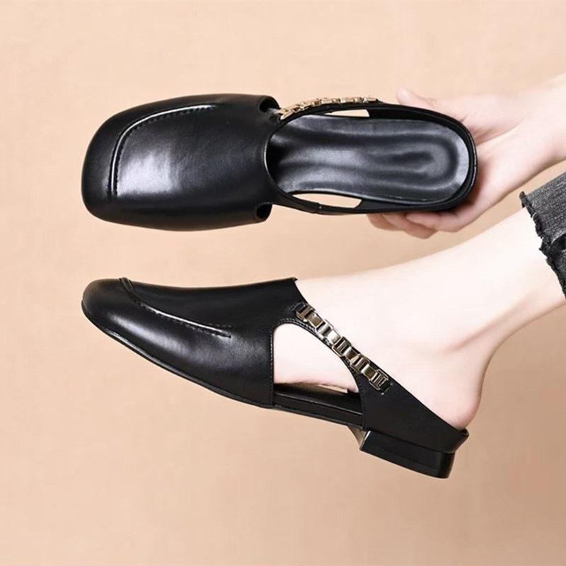 Soft leather bag head half slippers women's summer fashion outer wear 2025 new retro versatile casual flat lazy muller shoes
