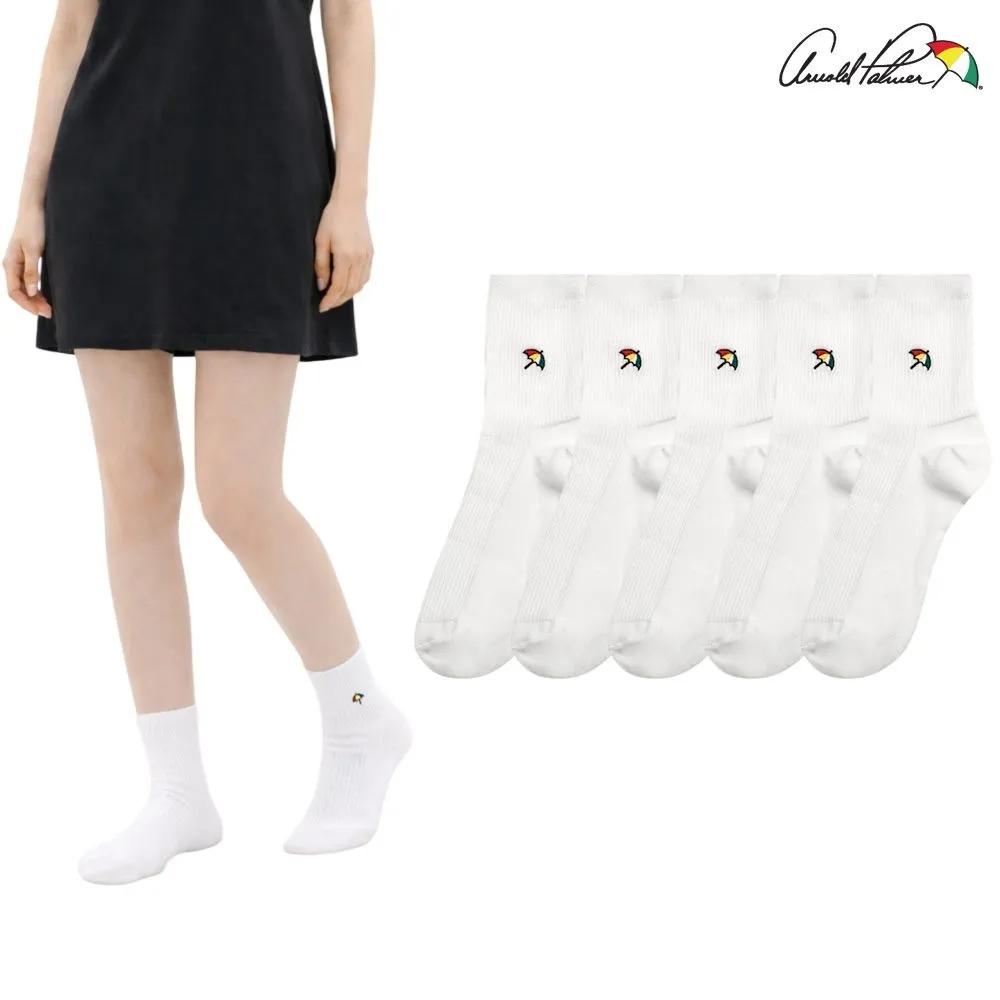 Arnold Palmer Women's Mid-calf Ribbed Socks White Comfortable Ankle Fashion Socks 5 Pairs Made in Korea Gift