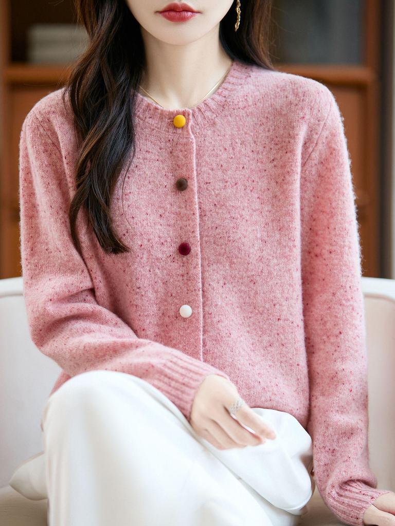 Women's Heavyweight Wool Cardigan with Colorful Buttons and Dot Yarn - Warm Autumn Winter Outerwear Sweater Coat