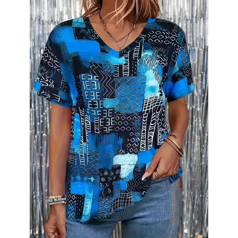 3D T-shirt Women Summer Casual Elegant Simple V-neck Short-sleeved Floral Retro Top Loose Casual Wear Ladies T-shirt