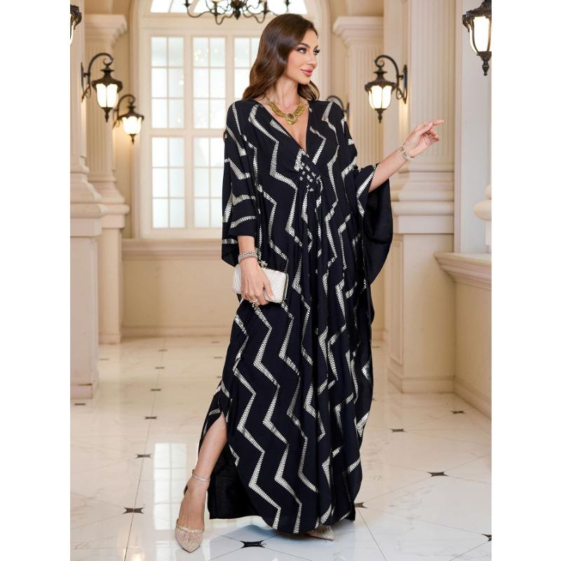 Damemote våren høsten langermet V-hals løs midje uformelle kjoler