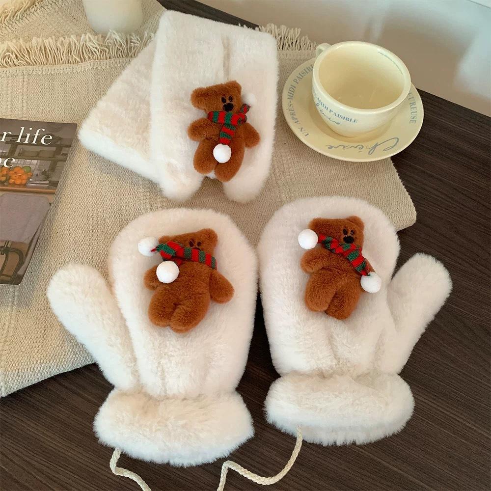 Cute Biscuit Bear Plush Gloves for Women Winter Warm Thickened Plus Velvet Mittens Can Be Hung Around The Neck Student Christmas Gift