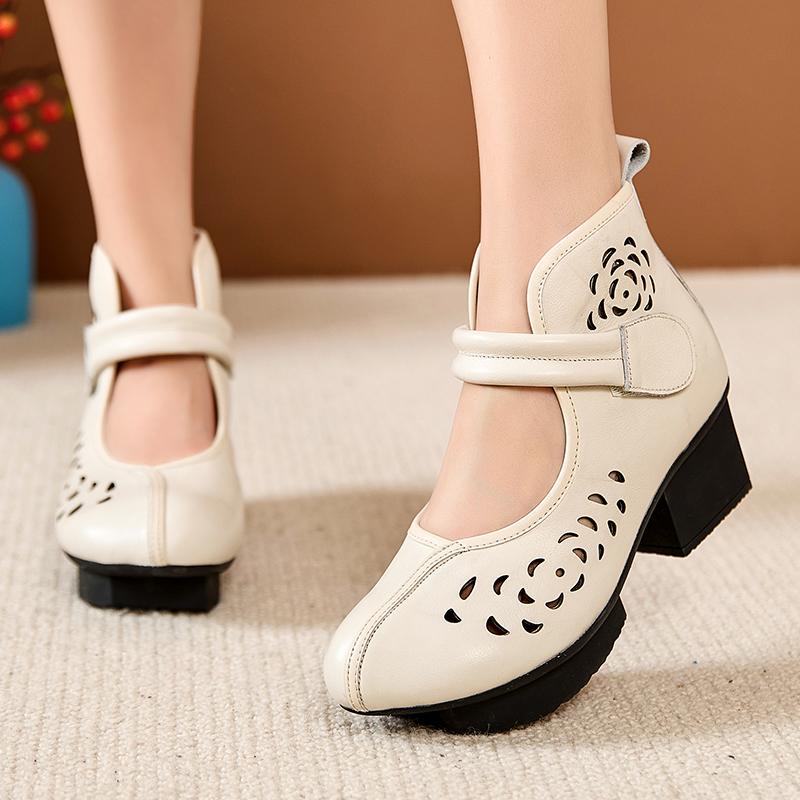 GKTINOO New Women Summer Sandals Breathable Hollow Thick High Heel Casual Shoes genuine Leather Retro Short Boots