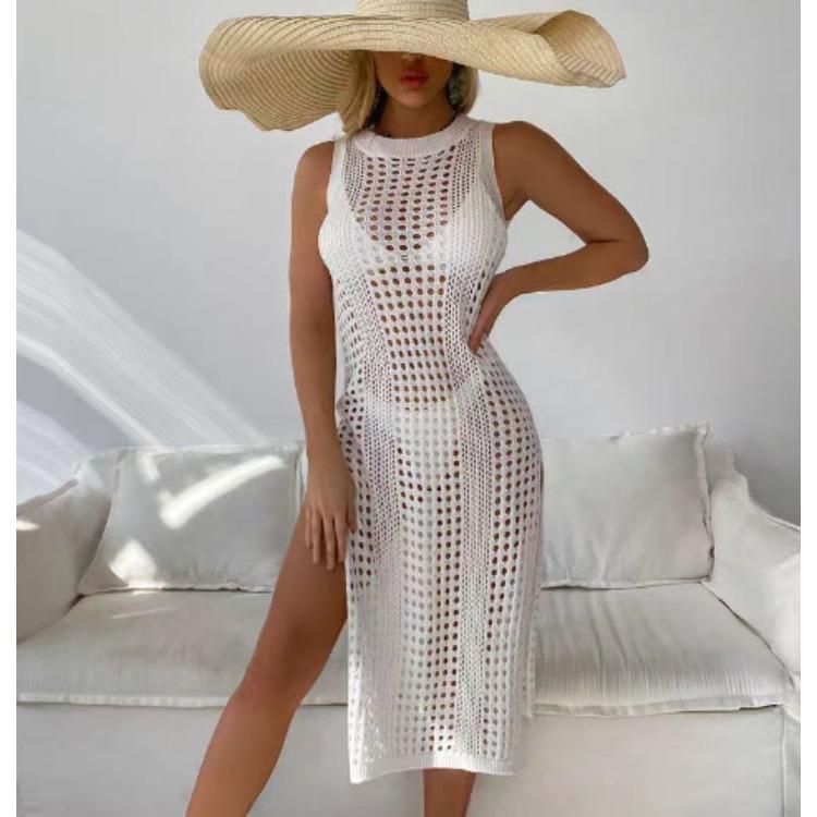 Sommerurlaub Sexy Einfarbig Rundhals Ärmellos Gestrickt Strand Sonnenschutz Überwurf Bequemes Kleid Leicht Elegant Schmeichelhaft Schickes Kleid