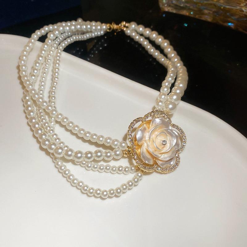 

Meier Diamond-studded floral multi-layer pearl necklace and earring set - french vintage court style jewelry