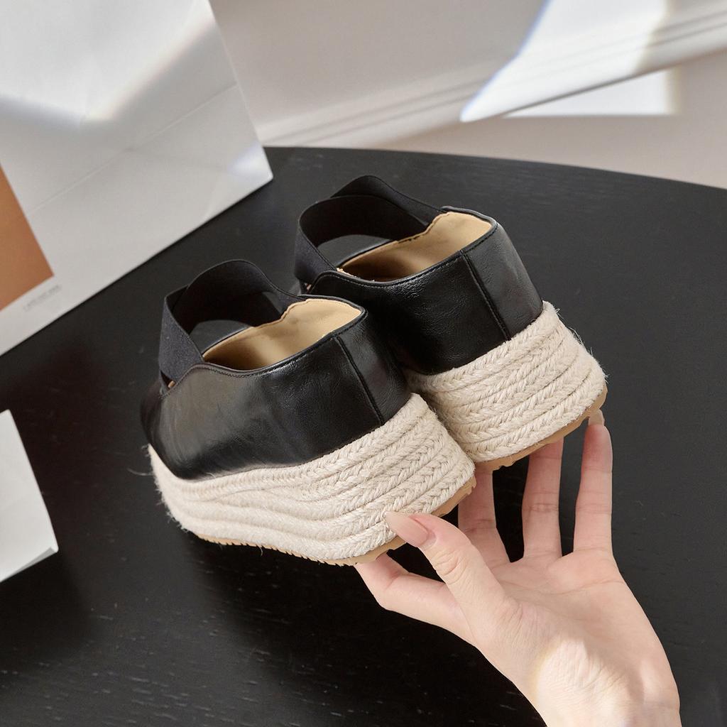 Leather ballet high-end niche thick-soled Mary Jane shoes inner height-increasing bag head slippers women's summer wear high heels