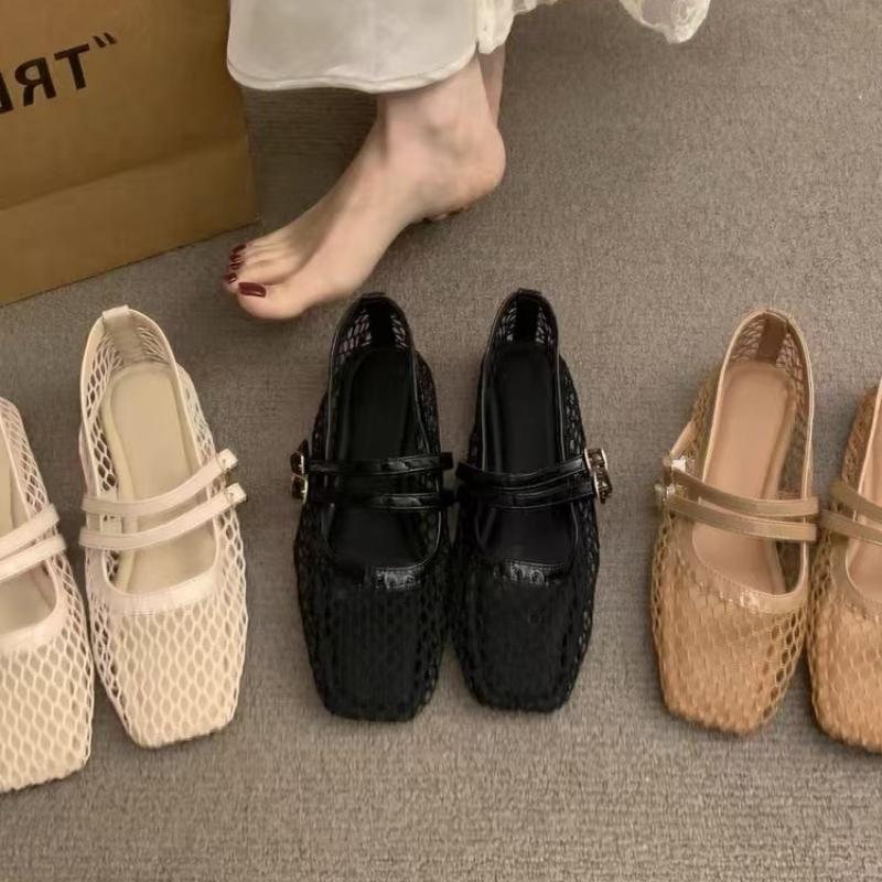 Fashion 2025 New Women Mesh Fishnet Ballerina Flats Comfortable Buckle Strap Ballet Flats Breathable Casual Walking Shoes for Commuting
