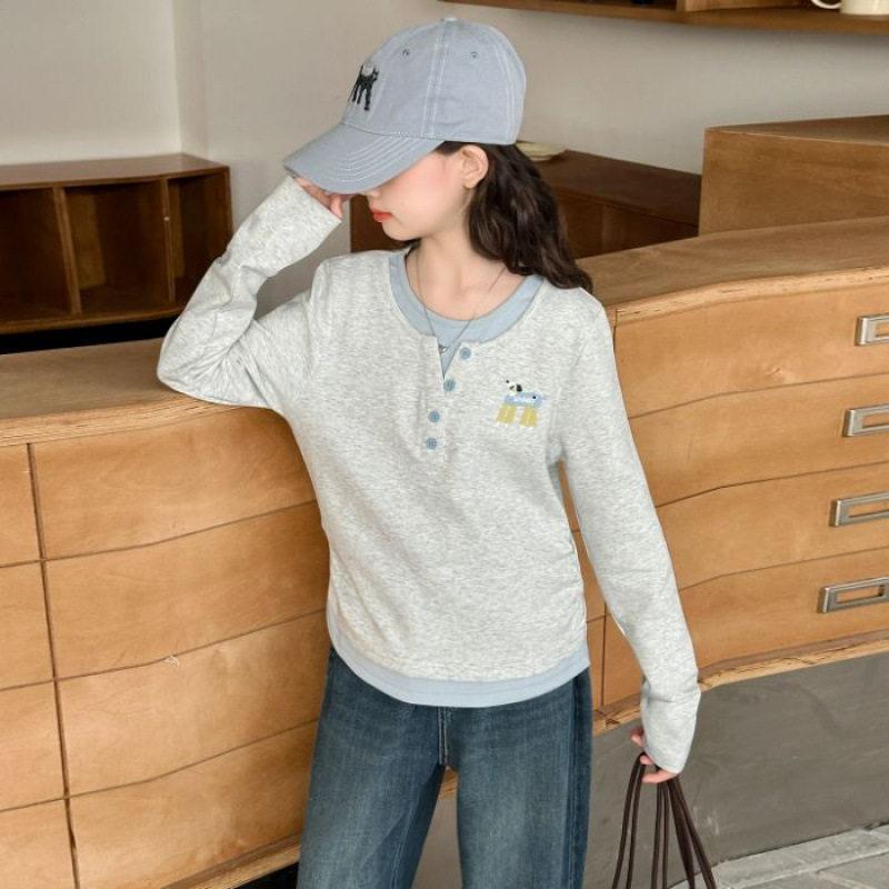 Girls Spring Long Sleeve T Shirt Fake Two Piece Round Neck Top For Big Kids Students 120 серый