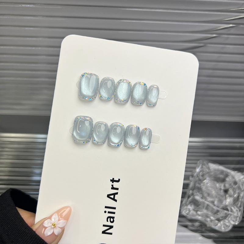 10Pcs Light Blue Cat Eye Short Square Press On Nails Iridescent Glitter Edge Glass Bead Effect False Nails For Women