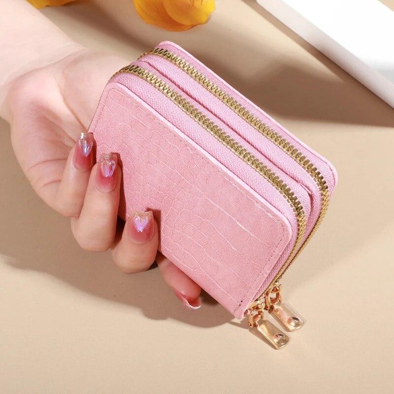 Elegante cartera multitarjetas para mujer - Cartera de mano con doble cremallera | Monedero informal de piel sintética con elegante tarjetero de cocodrilo