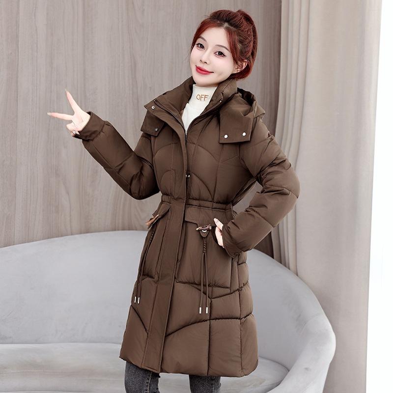 Fashion women's winter cotton-padded clothes, medium and long hooded waist cotton-padded jackets, temperament commuting versatile models